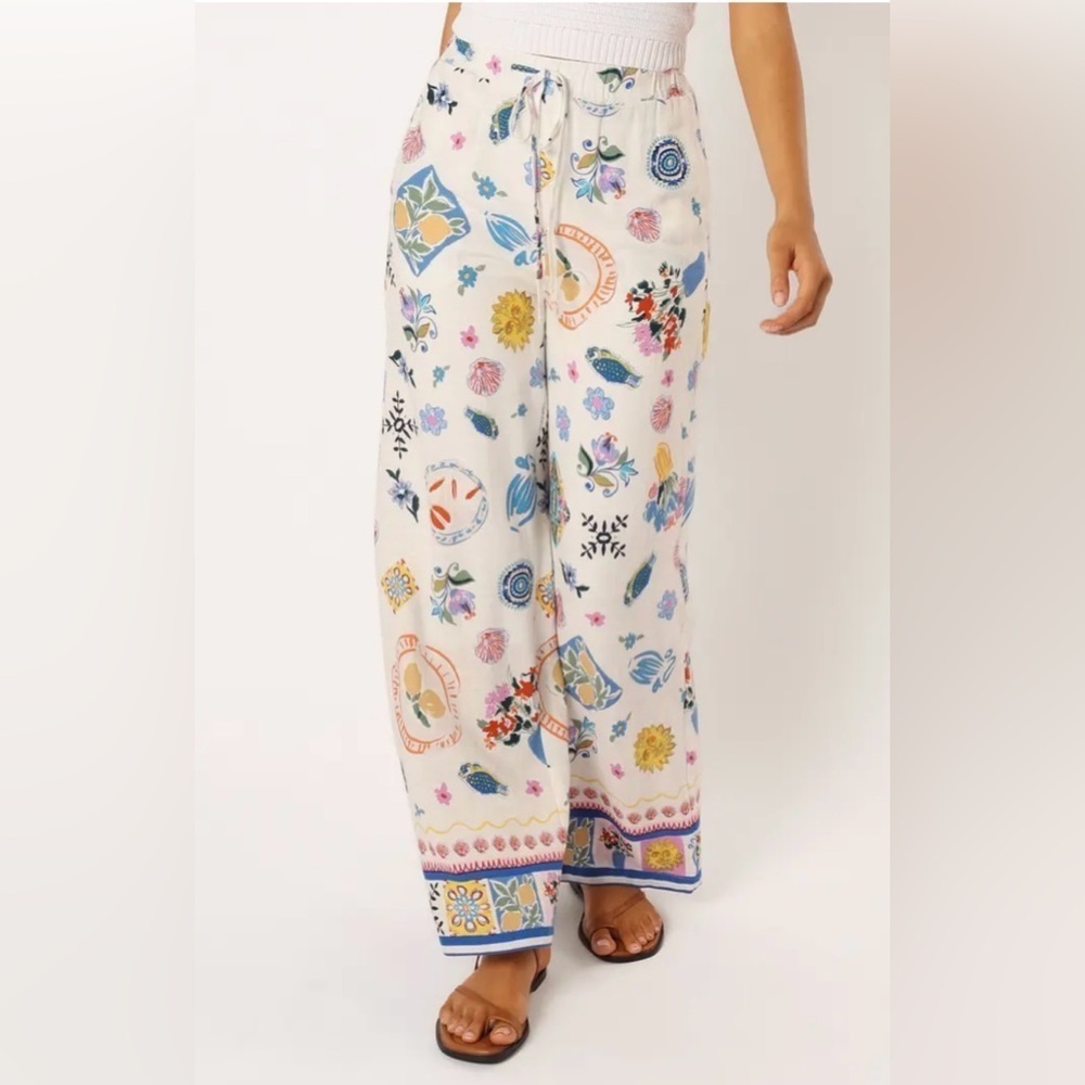 Cream Wide Leg Floral-Print Drawstring Pants